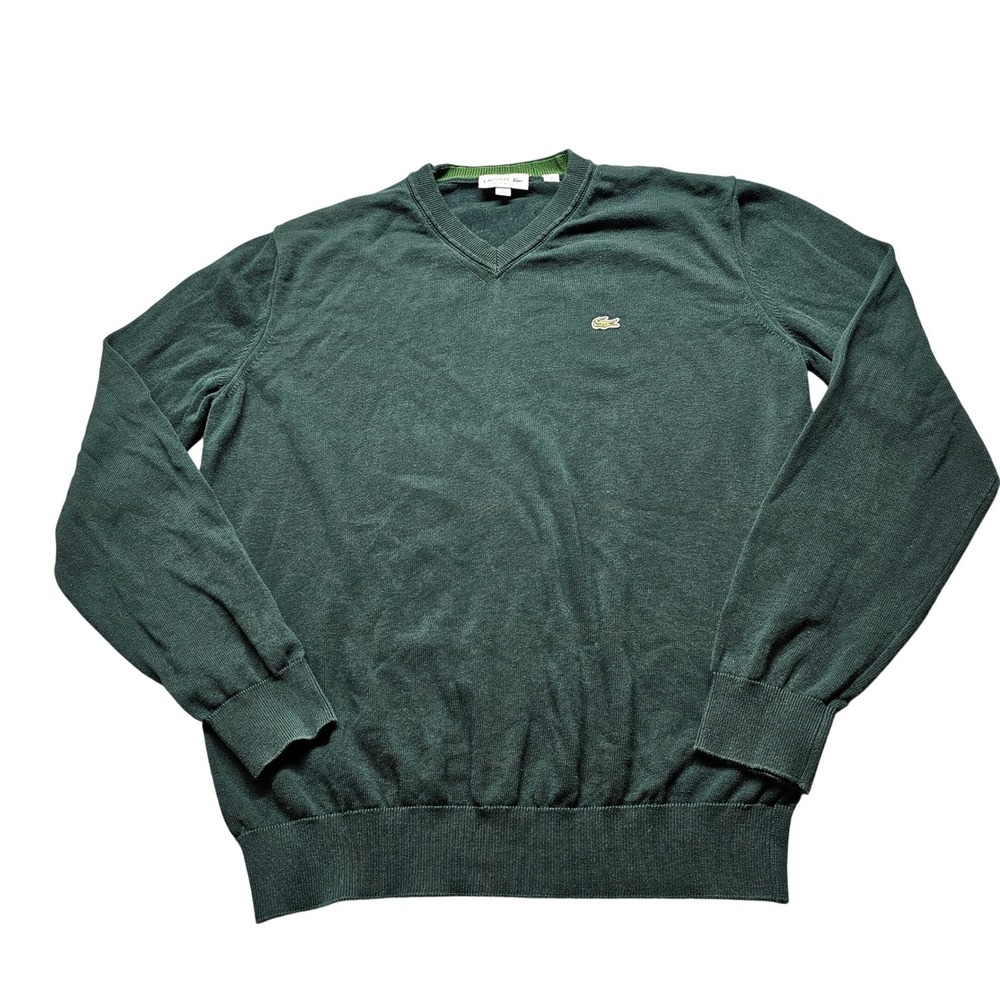 Lacoste Mens V-Neck Sweater Forest Green Cotton Regular Fit Logo Size L FR 5